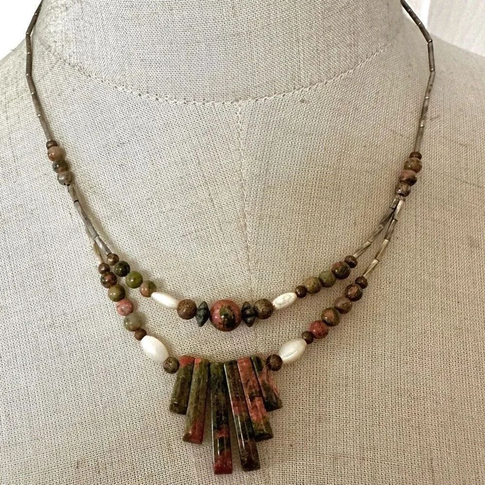 Unakite mother of pearl silver tone double strand necklace